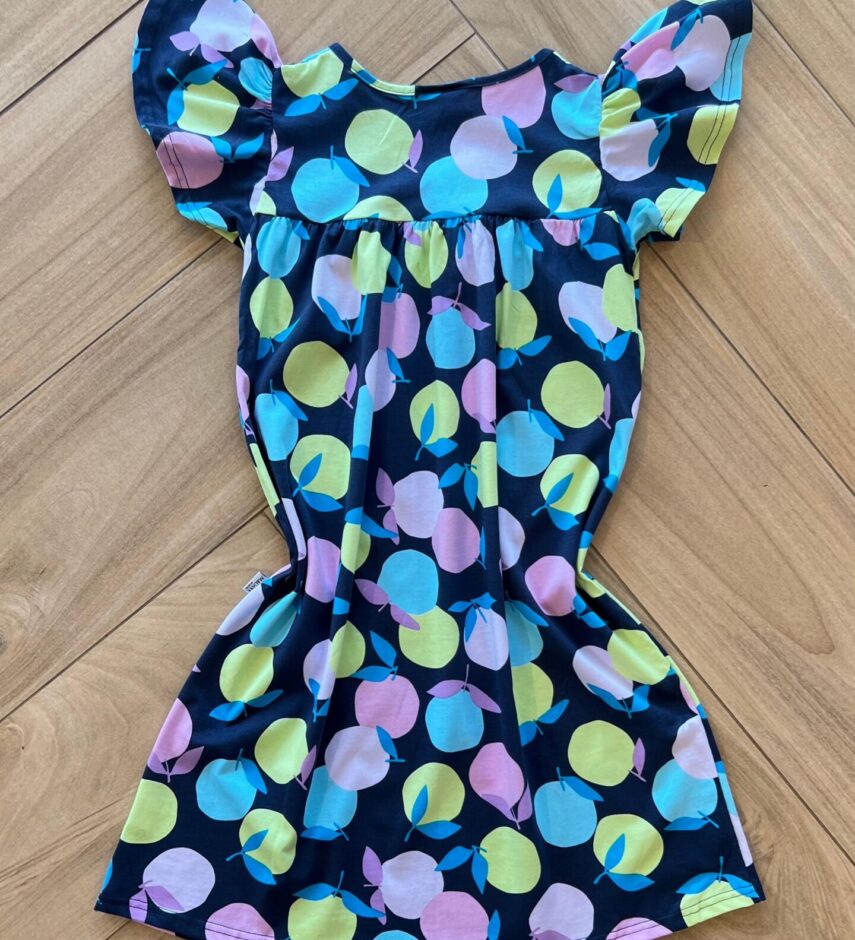 fernandaramoskids com br Vestido Infantil Feminino Evase Manga Curta Estampa Frutas Azul 2