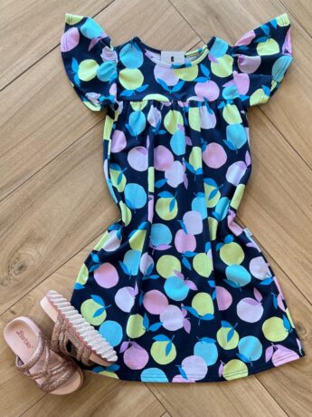 Vestido Infantil Feminino Evase Manga Curta Estampa Frutas Azul Fernanda Ramos Kids