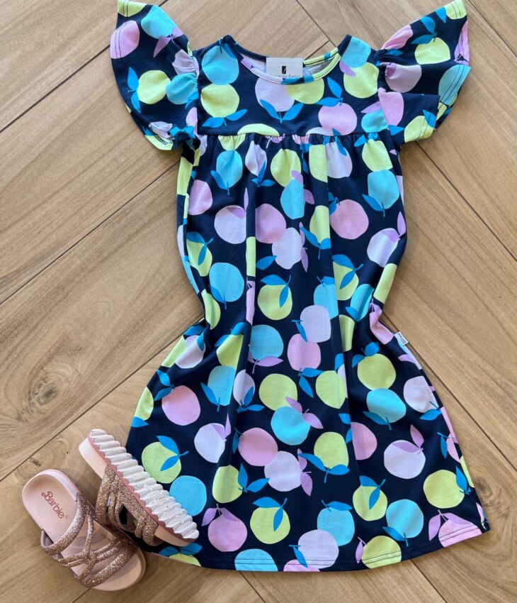 Vestido Infantil Feminino Evase Manga Curta Estampa Frutas Azul Fernanda Ramos Kids