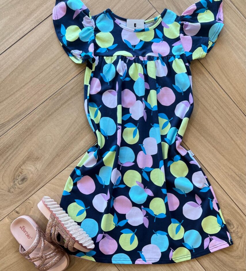 Vestido Infantil Feminino Evase Manga Curta Estampa Frutas Azul Fernanda Ramos Kids