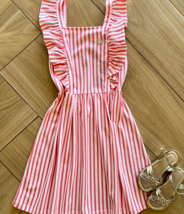 Vestido Infantil Feminino Listrado Rosa e Branco Fernanda Ramos Kid