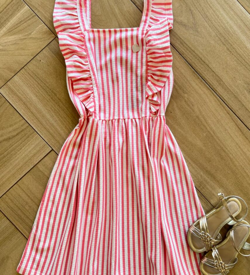 Vestido Infantil Feminino Listrado Rosa e Branco Fernanda Ramos Kid
