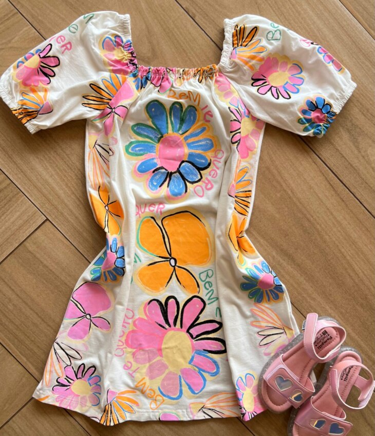 Vestido Infantil Feminino Manga Curta Bem Me Quer Marfim Fernanda Ramos Kids