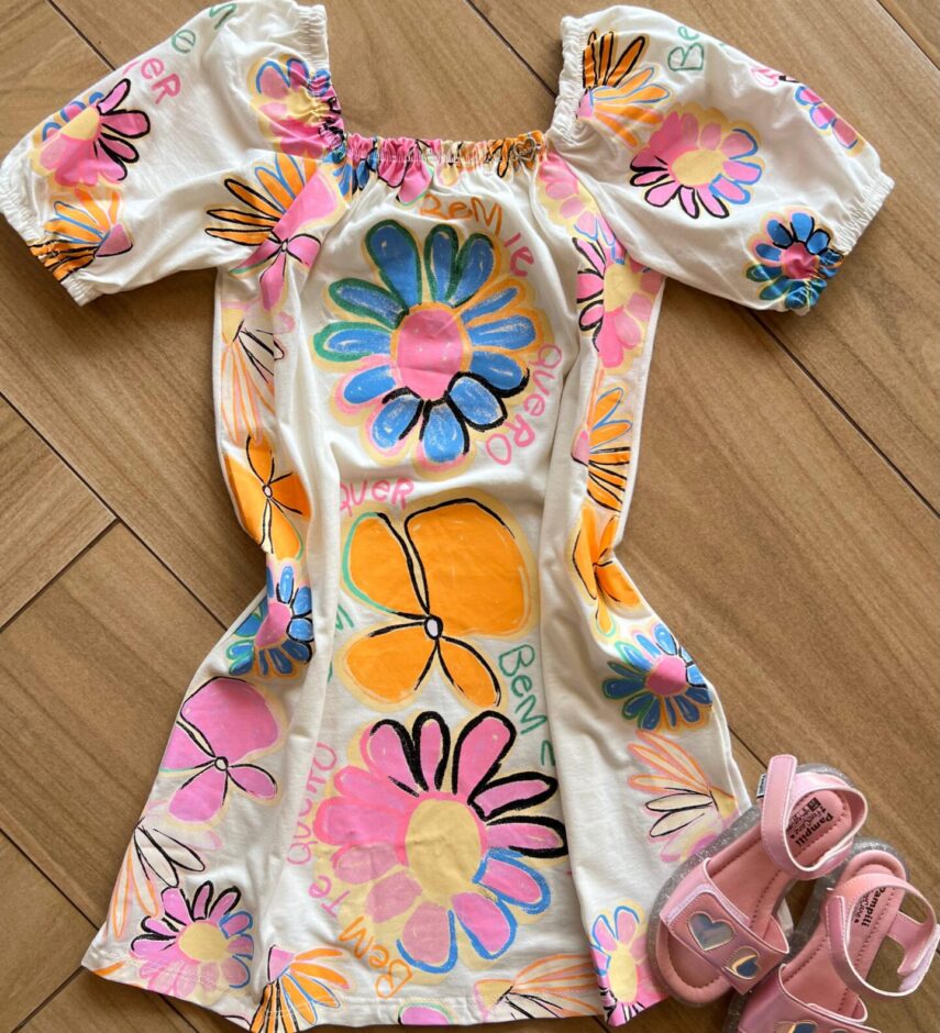 Vestido Infantil Feminino Manga Curta Bem Me Quer Marfim Fernanda Ramos Kids