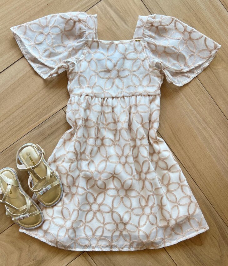 Vestido Infantil Feminino Manga Curta Bordado Areia Fernanda Ramos Kids