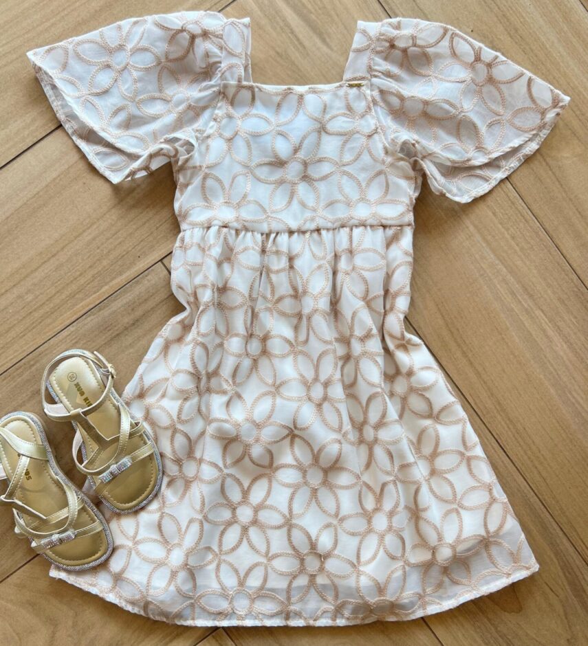 Vestido Infantil Feminino Manga Curta Bordado Areia Fernanda Ramos Kids