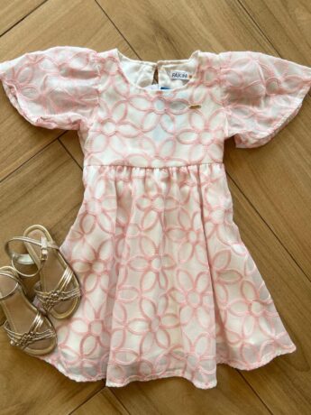 Vestido Infantil Feminino Manga Curta Bordado Rosa Fernanda Ramos Kids