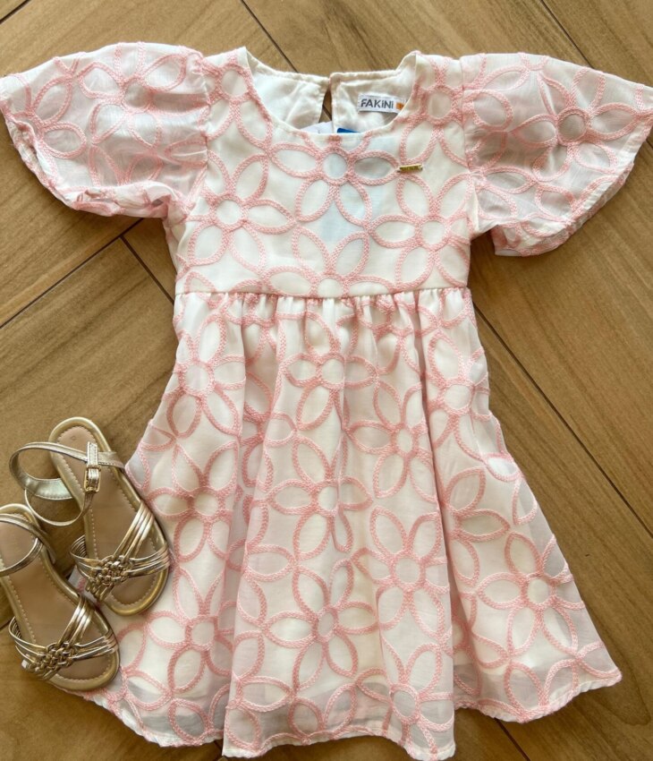 Vestido Infantil Feminino Manga Curta Bordado Rosa Fernanda Ramos Kids