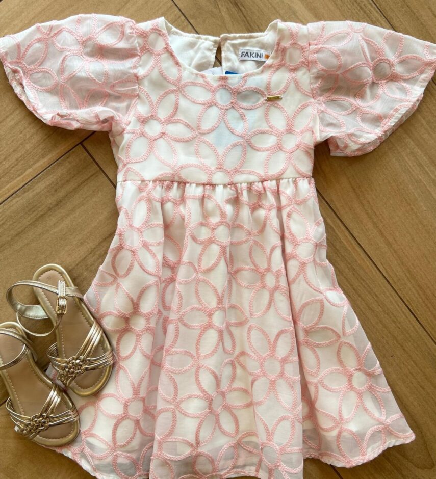 Vestido Infantil Feminino Manga Curta Bordado Rosa Fernanda Ramos Kids