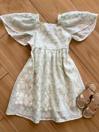 Vestido Infantil Feminino Manga Curta Bordado Verde Fernanda Ramos Kids