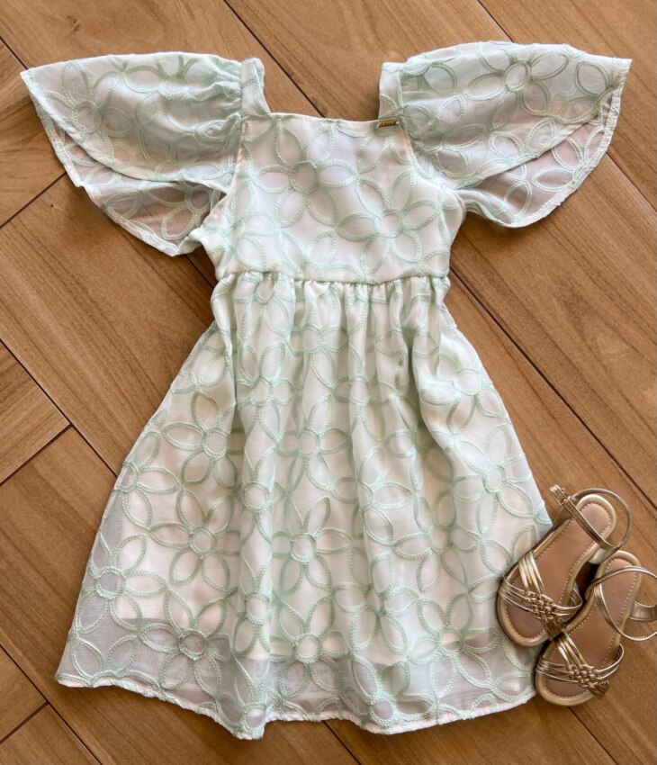 Vestido Infantil Feminino Manga Curta Bordado Verde Fernanda Ramos Kids