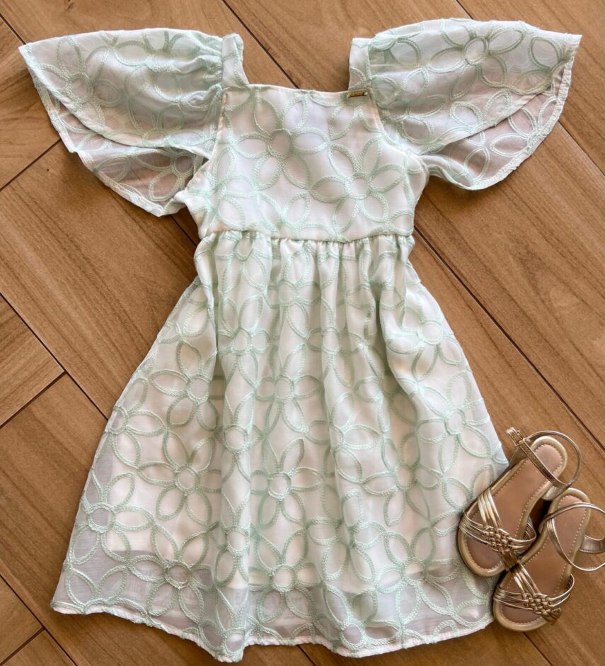 Vestido Infantil Feminino Manga Curta Bordado Verde Fernanda Ramos Kids