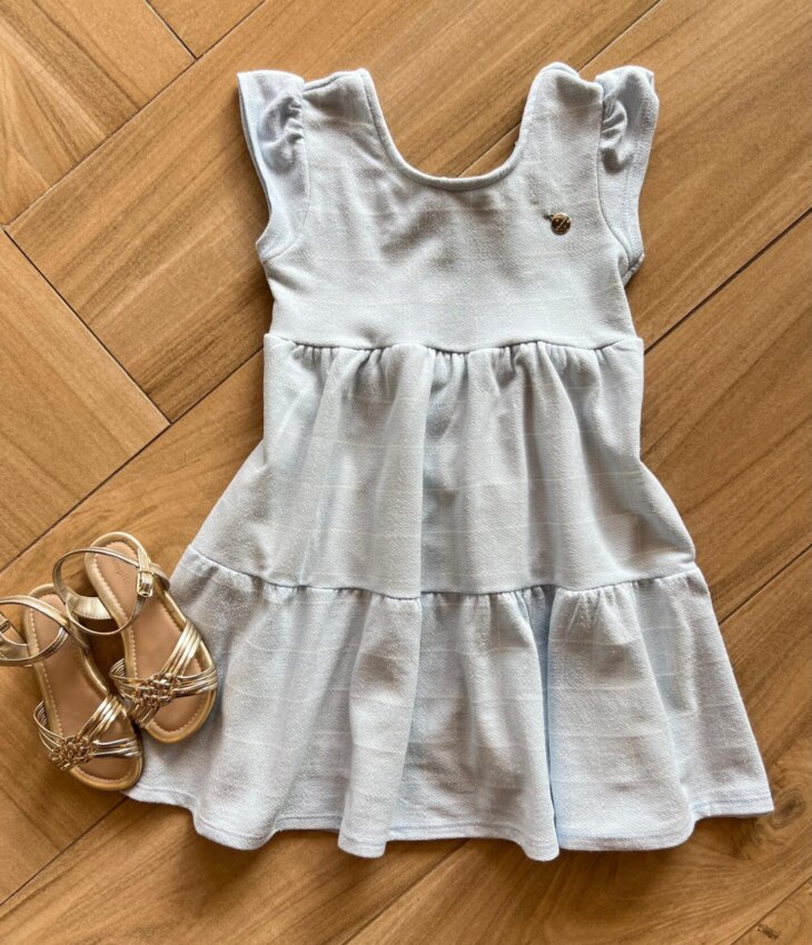 Vestido Infantil Feminino Manga Curta com Amarração Azul Bebê Fernanda Ramos Kids