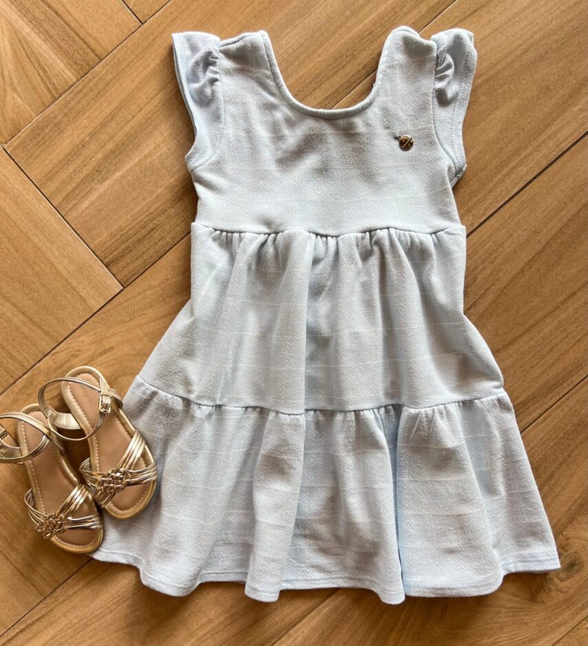 Vestido Infantil Feminino Manga Curta com Amarração Azul Bebê Fernanda Ramos Kids
