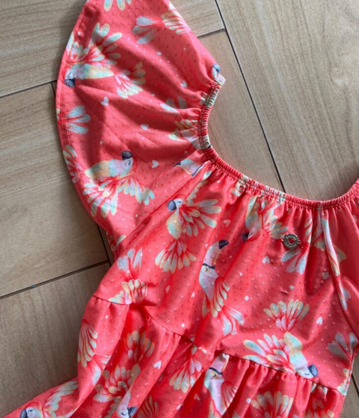 fernandaramoskids com br Vestido Infantil Feminino Manga Curta com Detalhes Estampado Rosa1