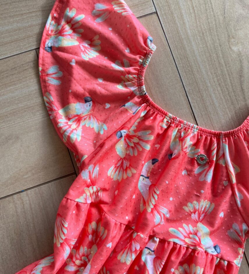 fernandaramoskids com br Vestido Infantil Feminino Manga Curta com Detalhes Estampado Rosa1