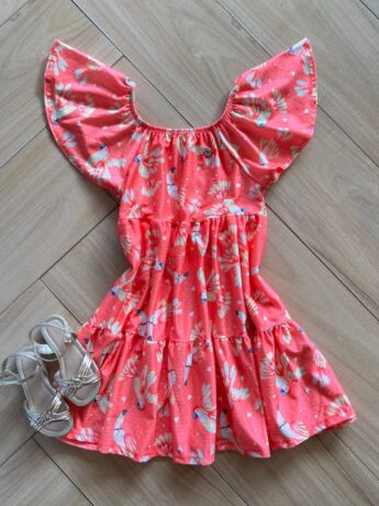 Vestido Infantil Feminino Manga Curta com Detalhes Estampado Rosa Fernanda Ramos Kids