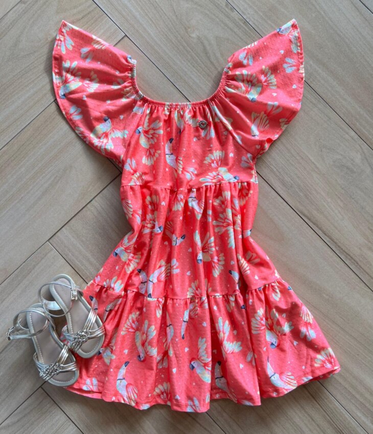 Vestido Infantil Feminino Manga Curta com Detalhes Estampado Rosa Fernanda Ramos Kids