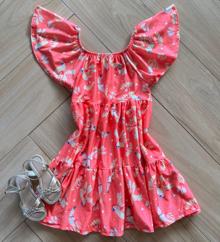 Vestido Infantil Feminino Manga Curta com Detalhes Estampado Rosa Fernanda Ramos Kids