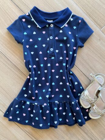 Vestido Infantil Feminino Manga Curta com Gola Estampado Azul Fernanda Ramos Kids