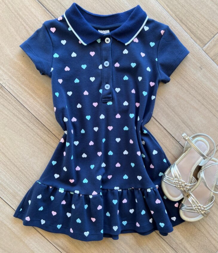 Vestido Infantil Feminino Manga Curta com Gola Estampado Azul Fernanda Ramos Kids