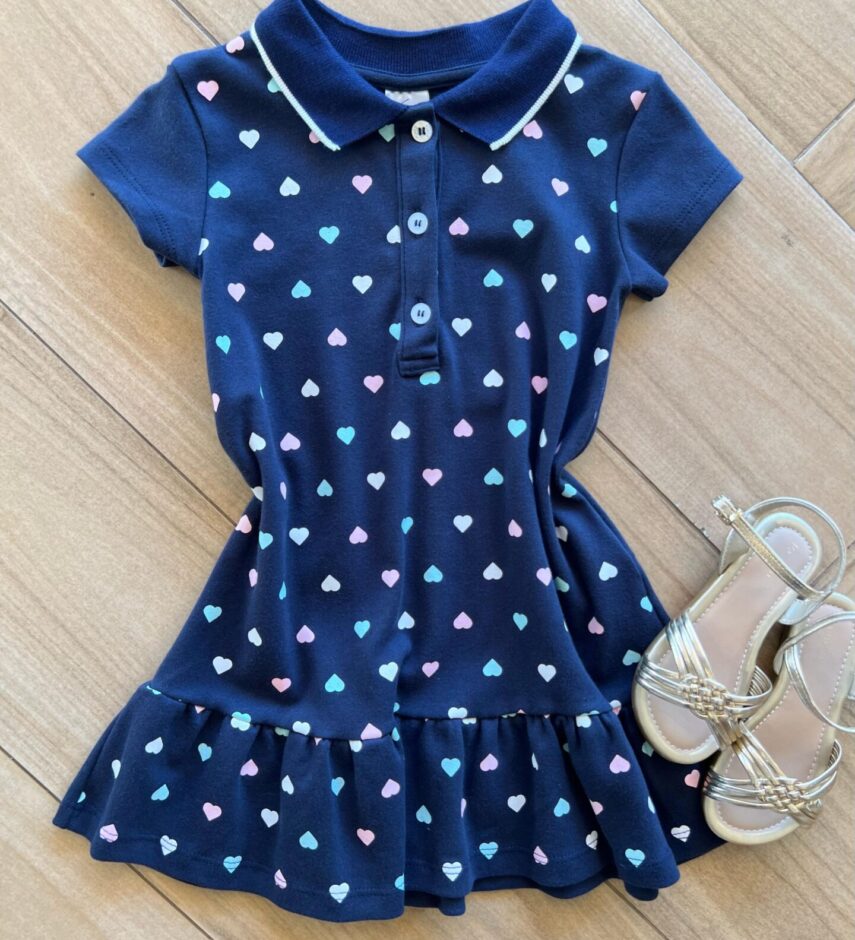 Vestido Infantil Feminino Manga Curta com Gola Estampado Azul Fernanda Ramos Kids