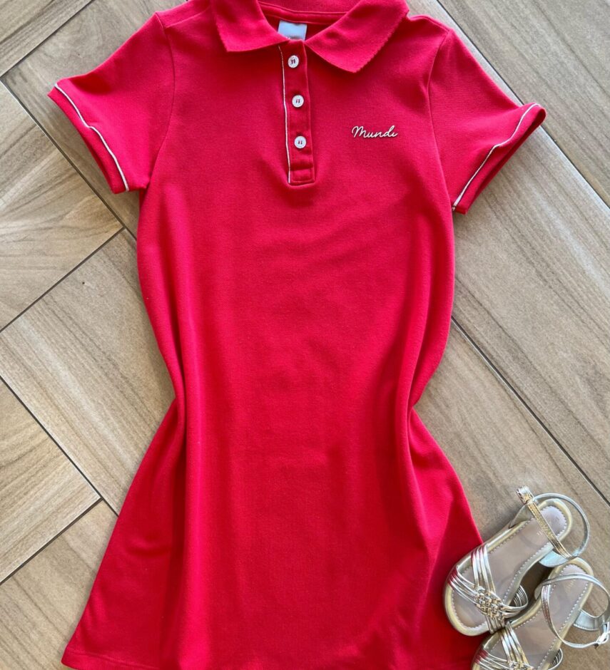 Vestido Infantil Feminino Manga Curta com Gola Vermelho Fernanda Ramos Kids