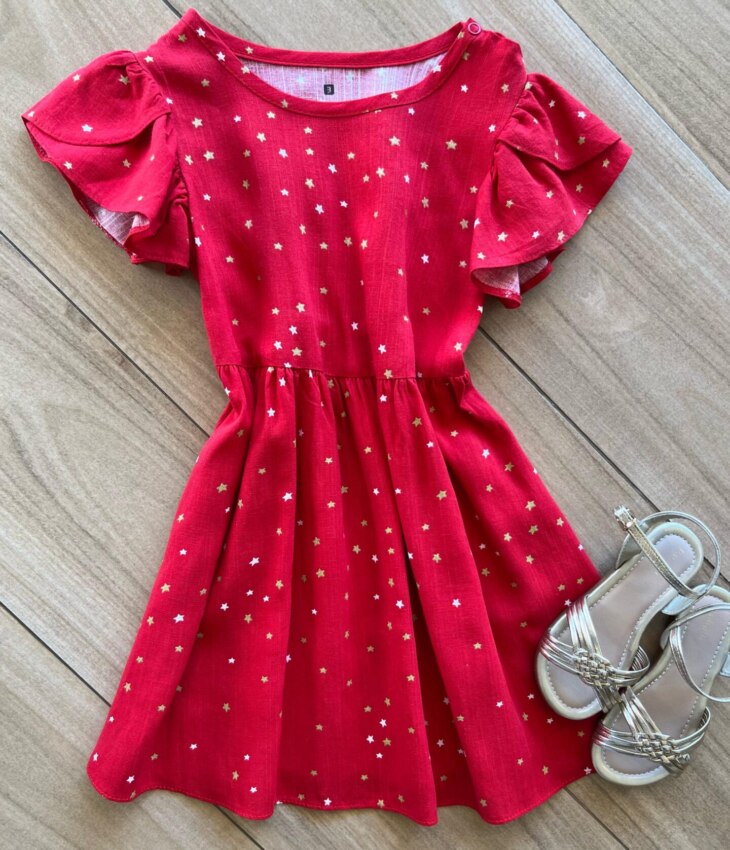 Vestido Infantil Feminino Manga Curta Estampa Estrelinhas Vermelho Fernanda Ramos Kids