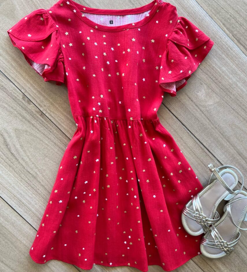 Vestido Infantil Feminino Manga Curta Estampa Estrelinhas Vermelho Fernanda Ramos Kids