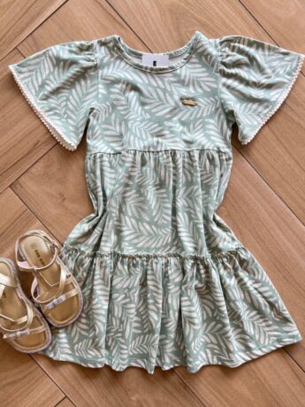 Vestido Infantil Feminino Manga Curta Estampado com Detalhe Verde Fernanda Ramos Kids