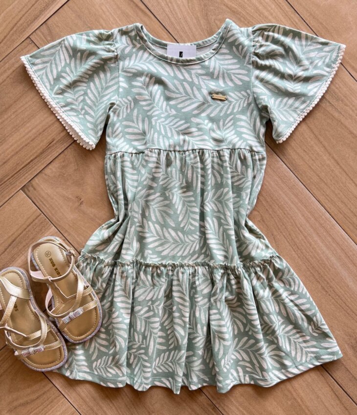 Vestido Infantil Feminino Manga Curta Estampado com Detalhe Verde Fernanda Ramos Kids