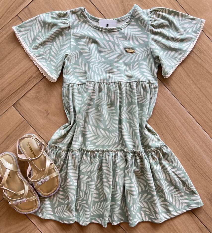 Vestido Infantil Feminino Manga Curta Estampado com Detalhe Verde Fernanda Ramos Kids