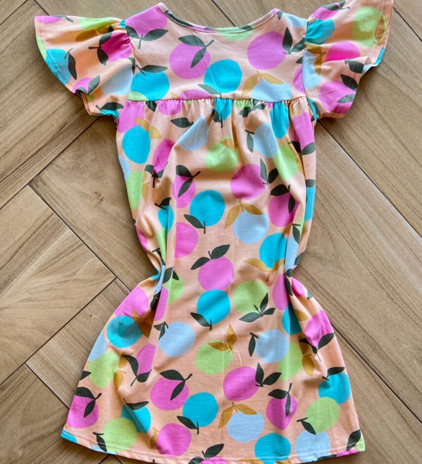 fernandaramoskids com br Vestido Infantil Feminino Manga Curta Evase Estampa Frutas2