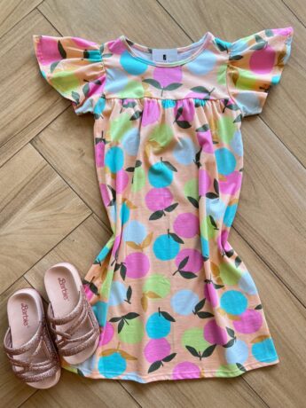 Vestido Infantil Feminino Manga Curta Evase Estampa Frutas Fernanda Ramos Kids