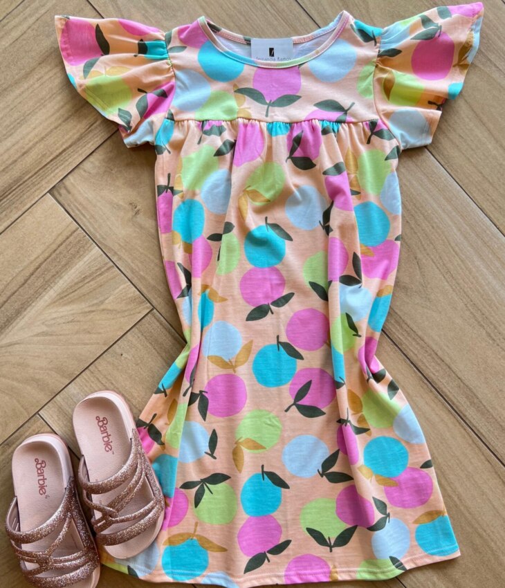 Vestido Infantil Feminino Manga Curta Evase Estampa Frutas Fernanda Ramos Kids