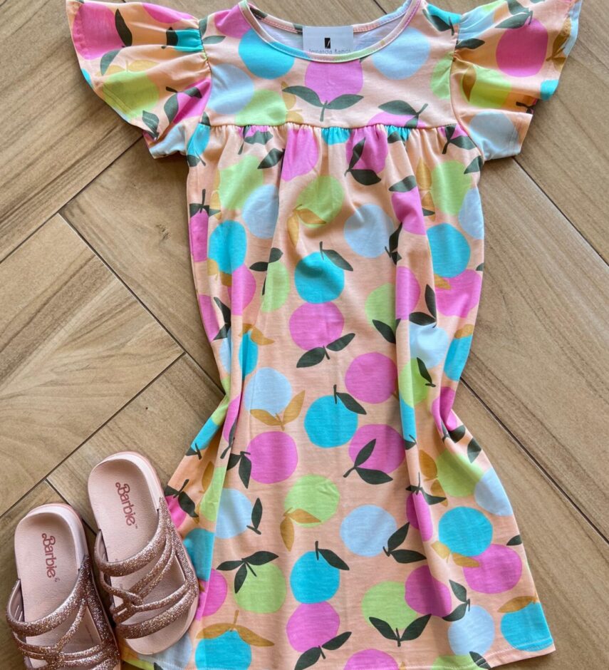 Vestido Infantil Feminino Manga Curta Evase Estampa Frutas Fernanda Ramos Kids