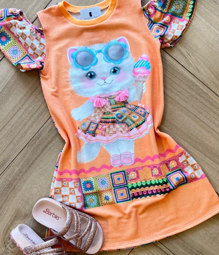 fernandaramoskids com br Vestido Infantil Feminino Manga Curta Gatinha Estilosa 1