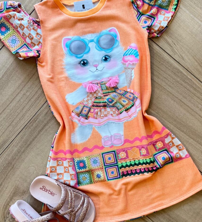 fernandaramoskids com br Vestido Infantil Feminino Manga Curta Gatinha Estilosa 1