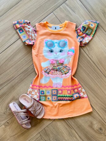 Vestido Infantil Feminino Manga Curta Gatinha Estilosa Fernanda Ramos Kids