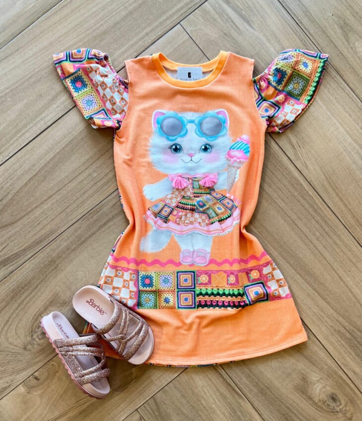 Vestido Infantil Feminino Manga Curta Gatinha Estilosa Fernanda Ramos Kids