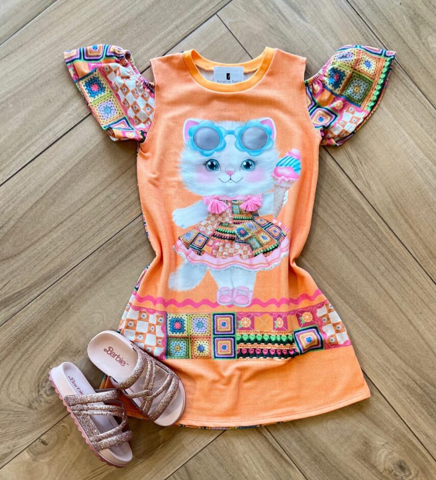 Vestido Infantil Feminino Manga Curta Gatinha Estilosa Fernanda Ramos Kids