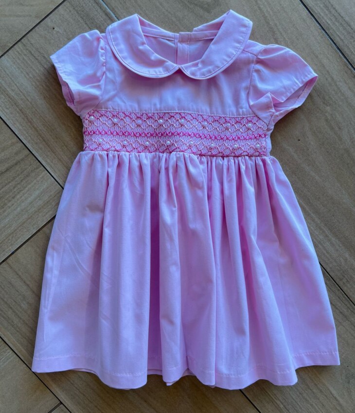Vestido Infantil Feminino Manga Curta Gola e Detalhes Rosa Fernanda Ramos Kids