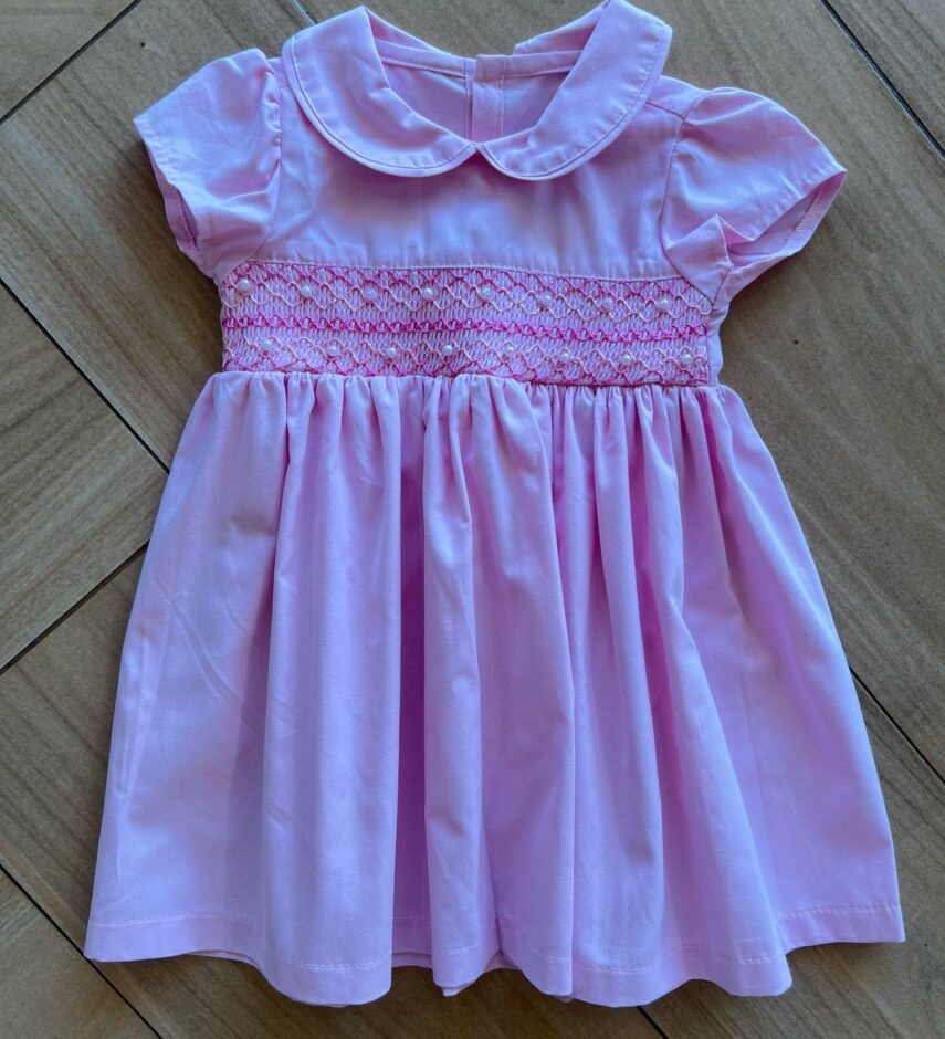 Vestido Infantil Feminino Manga Curta Gola e Detalhes Rosa Fernanda Ramos Kids