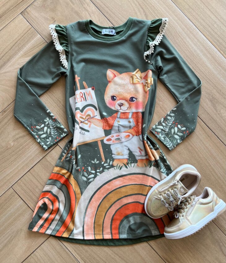 Vestido Infantil Feminino Manga Longa Malha Fresh Estampado Verde Fernanda Ramos Kids