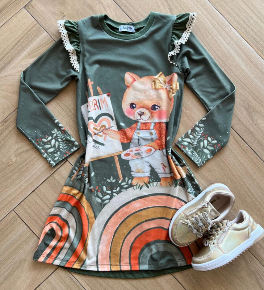 Vestido Infantil Feminino Manga Longa Malha Fresh Estampado Verde Fernanda Ramos Kids