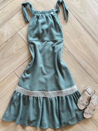 Vestido Infantil Feminino Midi com Amarrção na Alça Verde Oliva Fernanda Ramos Kids