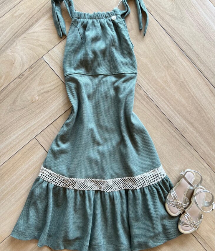 Vestido Infantil Feminino Midi com Amarrção na Alça Verde Oliva Fernanda Ramos Kids