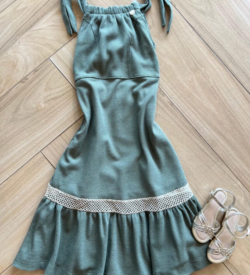 Vestido Infantil Feminino Midi com Amarrção na Alça Verde Oliva Fernanda Ramos Kids