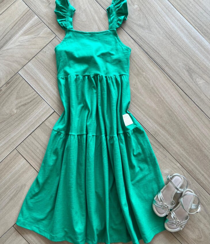 Vestido Infantil Feminino Midi com Babado na Alça Verde Bandeira Fernanda Ramos Kids