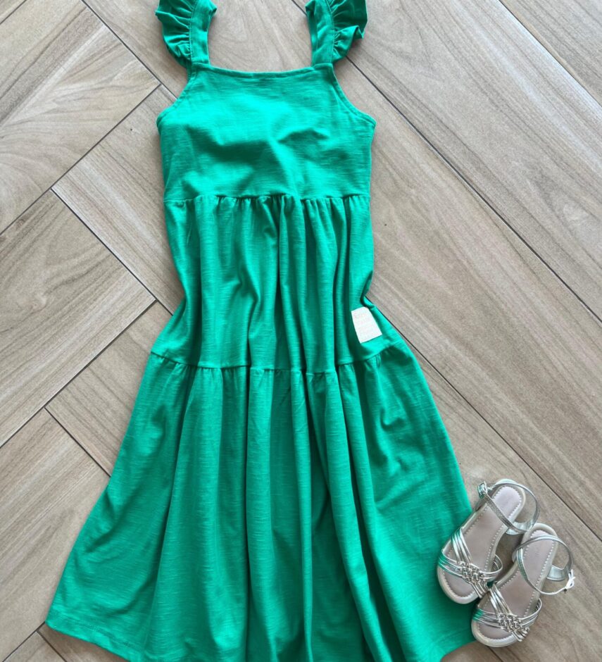Vestido Infantil Feminino Midi com Babado na Alça Verde Bandeira Fernanda Ramos Kids